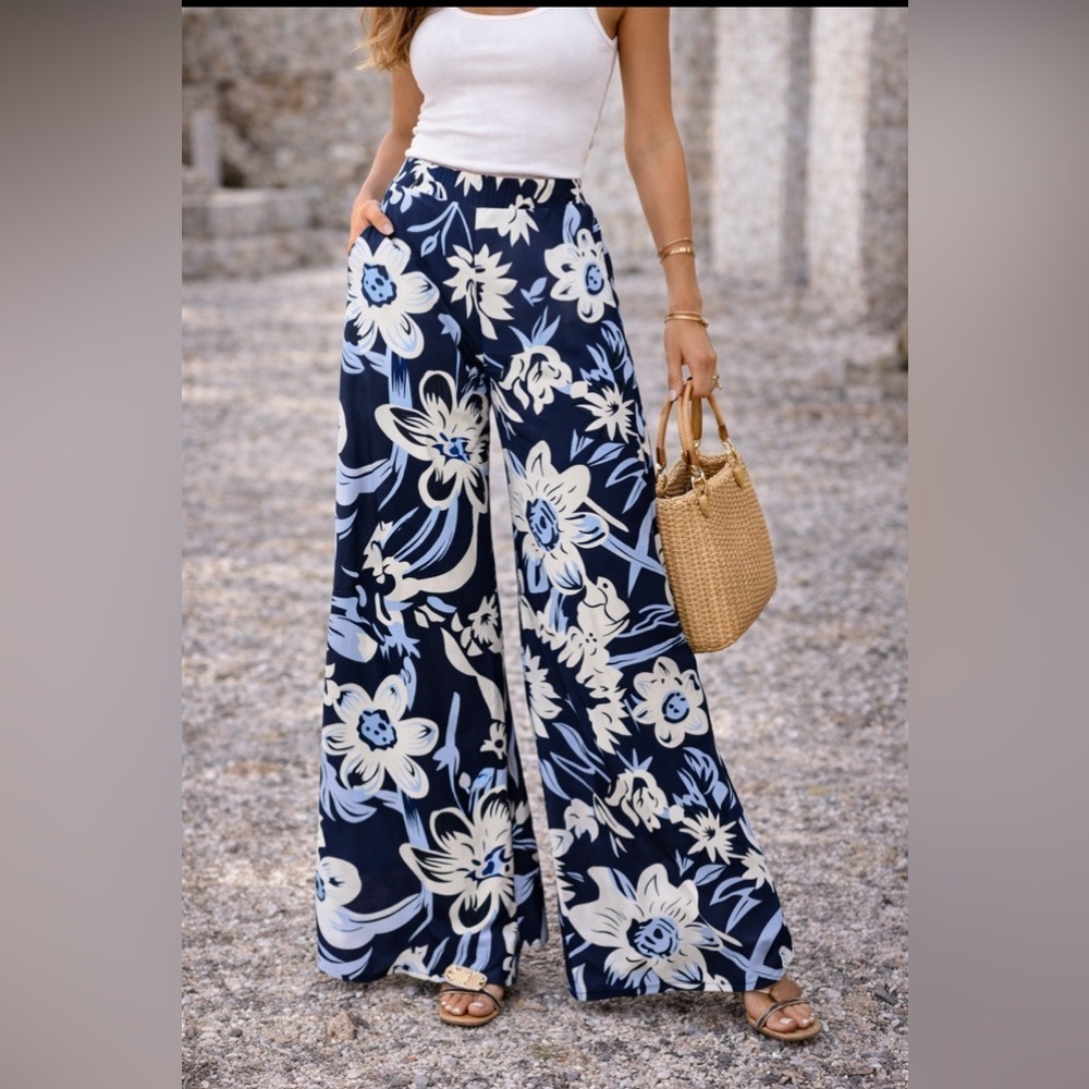 Arolina Navy Blue Floral Wide Leg Palazzo Pants Size Large Boho Flowy